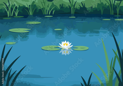 Water lily blooms in pond with vegetation. Nature background for relaxation ads