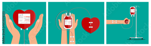 A set of three flat design illustrations for blood donation. Concept of medical health and awareness on World blood donor day.