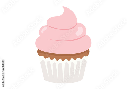 Pink frosted cupcake on white background for food blog or party invitation