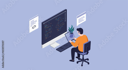 Developer coding on computer at desk with program symbols; workplace