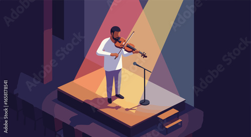 Musician plays violin on stage in empty auditorium under lights for advertising