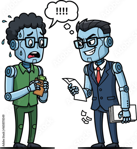 Two robot office workers interact—one sweating nervously with a wallet, the other smirking with a document. Humorous scene of workplace pressure and financial stress.