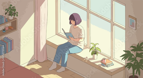 Woman reading by window in sunny room with books & plants. Focus relaxation