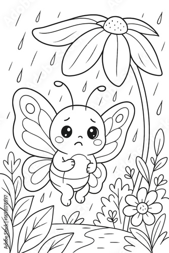 Sad butterfly seeks shelter under a flower in the rain line art vector