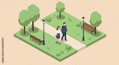 Couple walking in park, benches and trees, for urban planning or recreation.