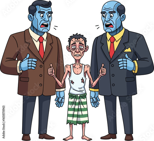 Two stern robot businessmen hold a frail human man between them. Satirical illustration of power imbalance, control, and societal disparity in a futuristic world.