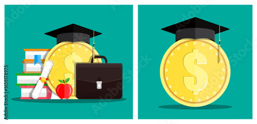 Golden dollar coin wearing graduation cap, apple, briefcase, book stack, diploma. Education investment, college savings, university tuition.