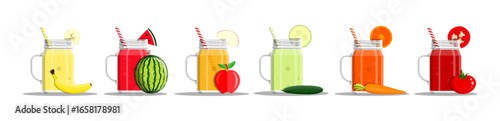 Different fruit and vegetable smoothies in mason jars with fruit on white background. Healthy drink concept for refreshing.