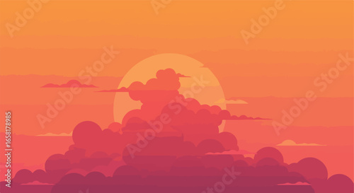 Sunset over clouds with light rays illuminating the sky, background for web design