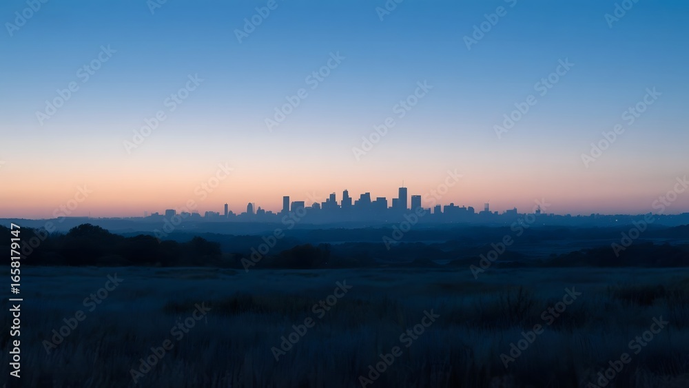 Fototapeta premium Distant City Skyline at Dusk Over Open Field