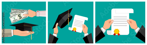 Hand giving money for a graduation cap and diploma. Education cost and investment. Flat vector design illustration.