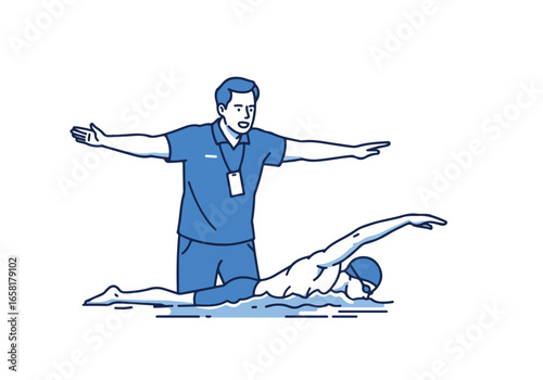 Coach giving swimming instructions to a swimmer at the pool for training