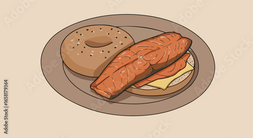 Bagel with salmon on plate, in kitchen, background is empty, for cooking blogs