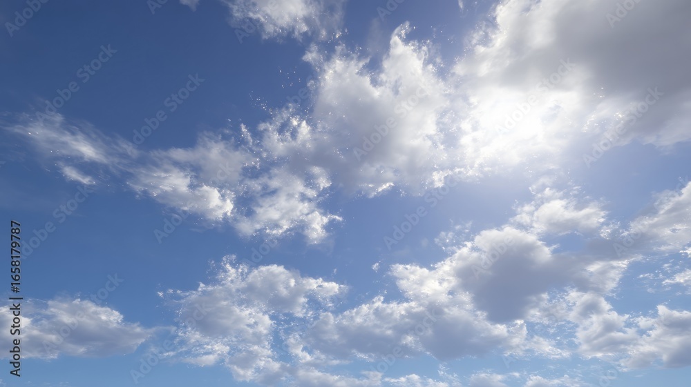 Fototapeta premium Bright sunlit sky with scattered clouds. AI image