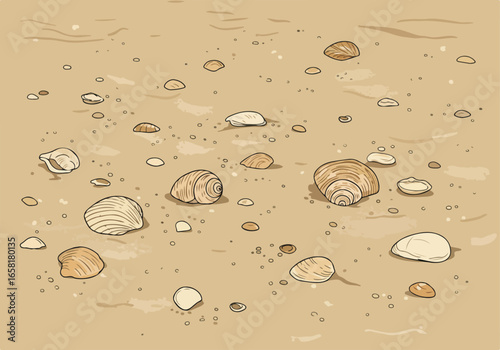 Seashells scatter on the sandy shore; ocean waves imprint beach. For decoration use