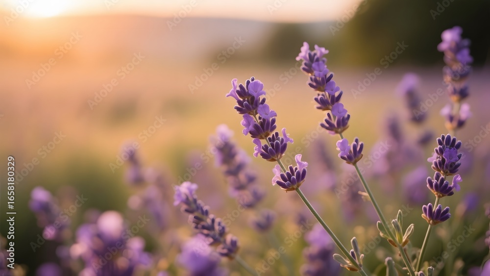 Naklejka premium Lavender Field at Sunset: Soft Purple Blooms in Warm Light