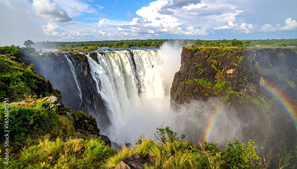 Fototapeta premium Majestic Victoria Falls cascading down a dramatic cliff face, with a vibrant rainbow arching across the spray.