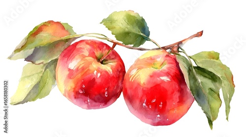 Watercolor painting of red apples with green leaves on a branch isolated on white background.