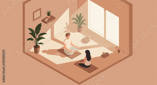 Isometric view of a couple doing yoga at home with plants in background, wellness use