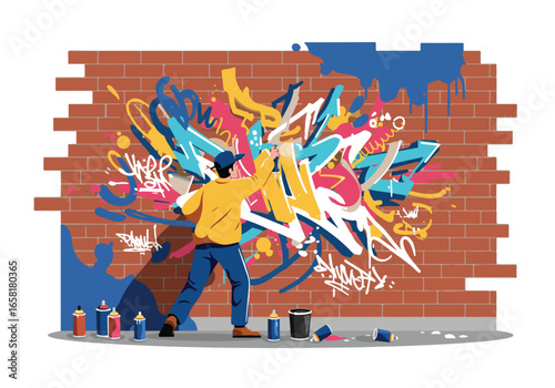 Artist spray painting graffiti mural on brick wall outdoors. Finished work background