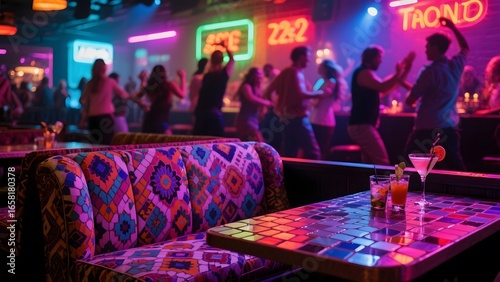 Vibrant nightclub scene with dancing people and colorful lighting