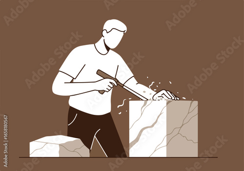 Man chisels marble stone, chips fly. Flat background. Art creation concept