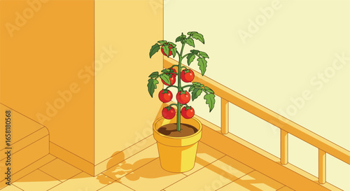 Potted tomato plant ripening on balcony. Home gardening or fresh ingredients