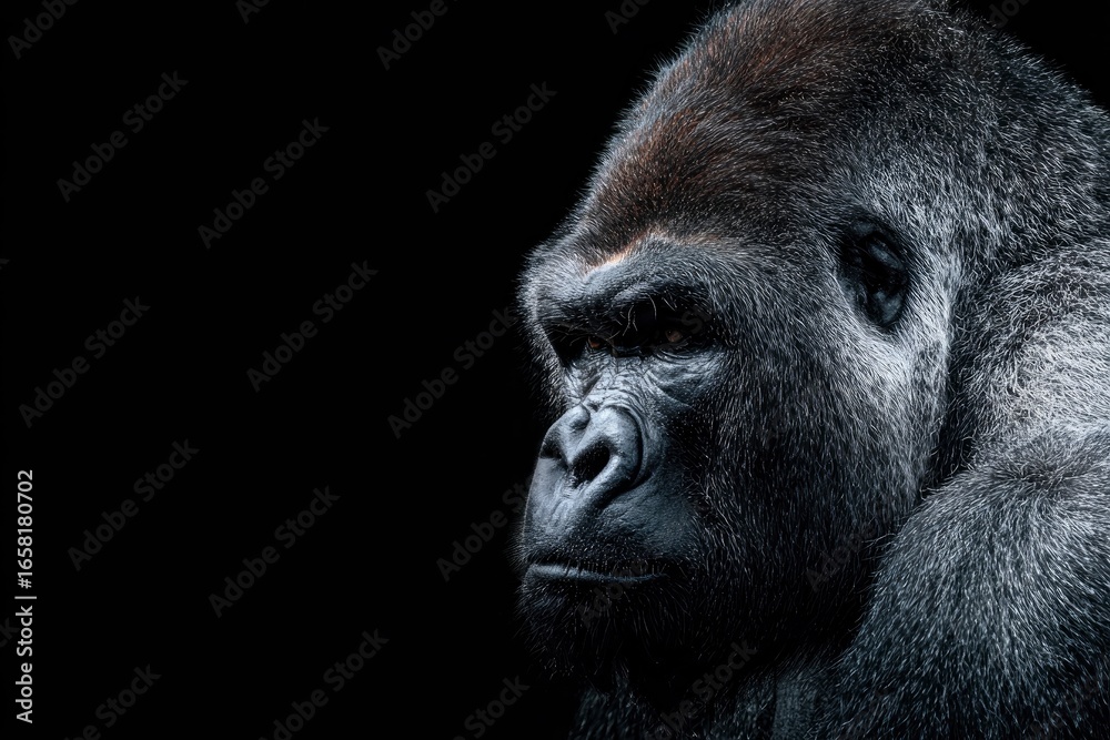 Obraz premium A closeup of a gorillas head against a stark black backdrop showcasing its detailed facial features and textured fur