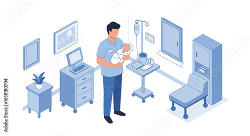 Nurse holds newborn in hospital room with monitor, bed, and equipment in background