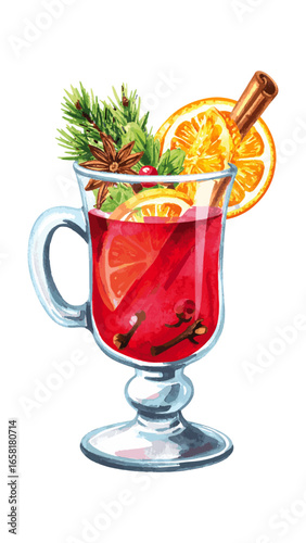 Watercolor Illustration of Mulled Wine with Spices – Holiday Drink Artwork