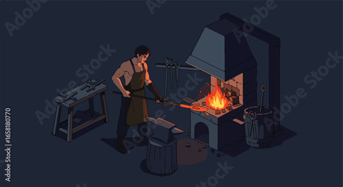 Isometric smith heats metal at forge; tools & anvil nearby for metalwork creation