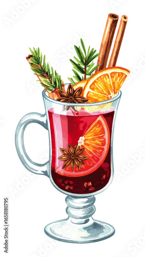 Watercolor Illustration of Mulled Wine with Spices – Holiday Drink Artwork