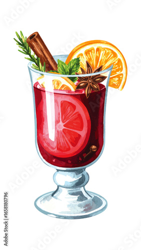 Watercolor Illustration of Mulled Wine with Spices – Holiday Drink Artwork