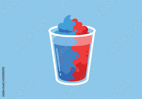 Two-colored frozen drink in a cup on light blue background for Summer or holiday sale