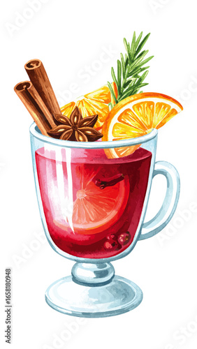 Watercolor Illustration of Mulled Wine with Spices – Holiday Drink Artwork