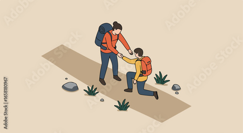 Hiking Pair on Trail, One Kneels Receiving Help Amidst Rocks