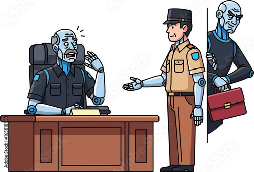 Distressed robot official refuses a handshake from a human in uniform while a sinister robot lurks behind with a briefcase. Satirical scene of corruption, fear, and hidden agendas.