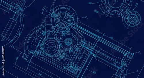 Detailed blueprint of mechanical parts, showcasing gears and measurements, representing engineering precision and complex machinery design, ideal for industrial or technical backgrounds