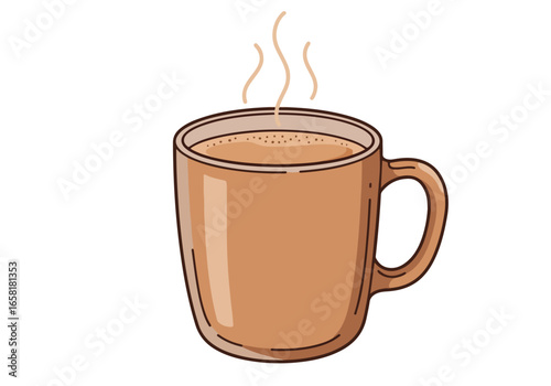 Steaming hot beverage in a mug, on plain background for web design, advertising
