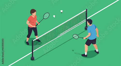 Couple playing badminton on the court with shuttlecocks. Leisure use
