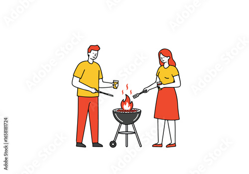 Couple cooks on grill with drinks in empty background for lifestyle imagery