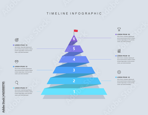 Infographic template triangular pyramid chart. Business timeline concept with icons and 6 steps for report and presentation economic diagram illustration