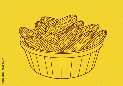 Corn on the cob in a basket on yellow. Use it for food illustrations or menus