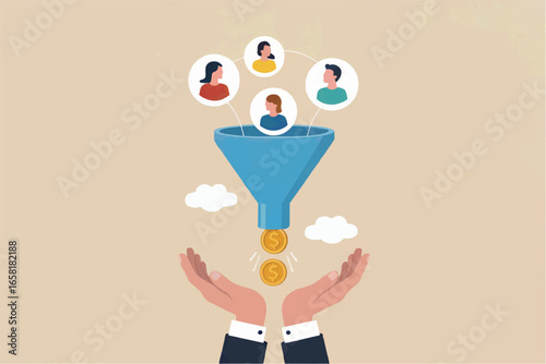 Business sales funnel concept illustrating lead generation and customer acquisition process with hands supporting growth