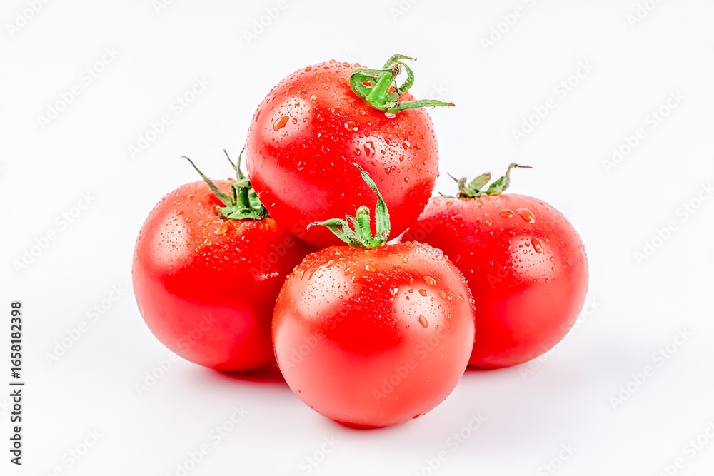 A group of fresh and ripe red tomatoes with water droplets isolated on white background A group of fresh and ripe red tomatoes with water droplets isolated on white background