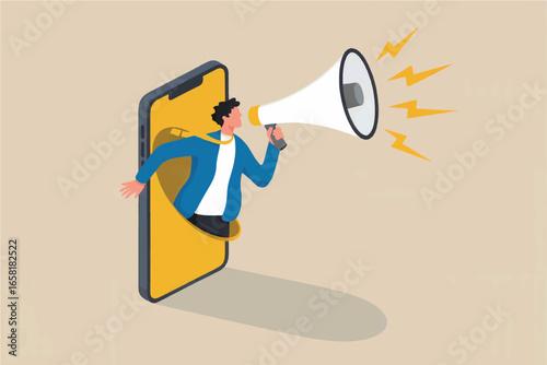 Businessman announces exciting news through smartphone megaphone digital marketing and public relations campaign concept