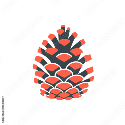A stylized illustration of a pinecone in shades of coral and dark gray against a white background