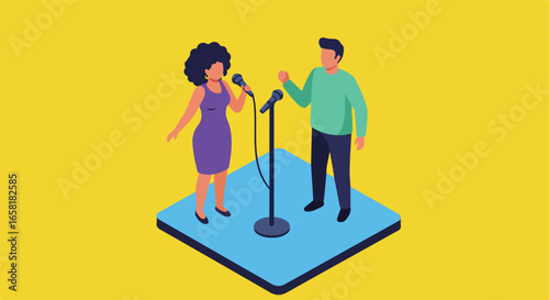 Presenters on stage with mics, on a blue platform, against a yellow background