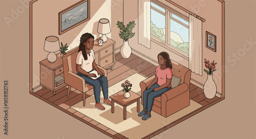 People talking in an office as art hangs in the background to illustrate conversations