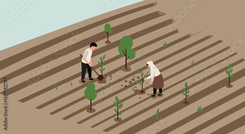 Farmers planting saplings in rows in a rural landscape. Environment use